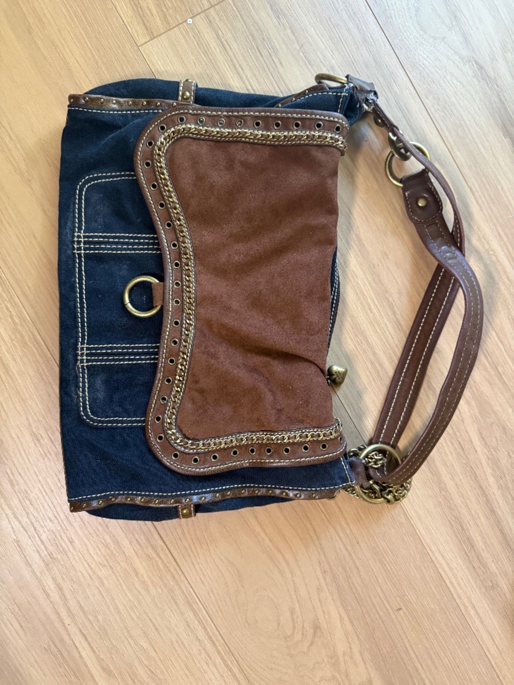 Kathy Van Zeeland Denim Brown Suede Look Shoulder Bag Y2K Boho Studded Purse